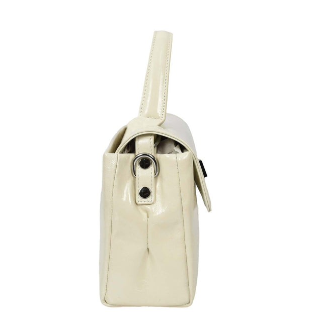 Womens Genuine Leather Small Handbag Glossy Casual Top Handle Crossbody Bag with Turn Lock Oisin White