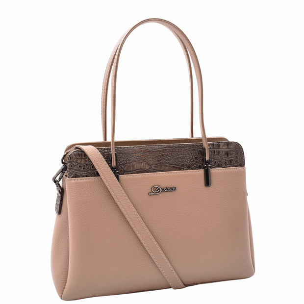 Genuine Leather Shoulder Bag Womens Multi Pockets Croc Trim Fashion Handbag A597 Taupe