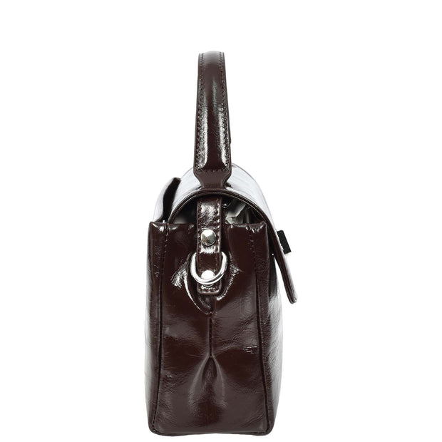 Womens Genuine Leather Small Handbag Glossy Casual Top Handle Crossbody Bag with Turn Lock Oisin Brown