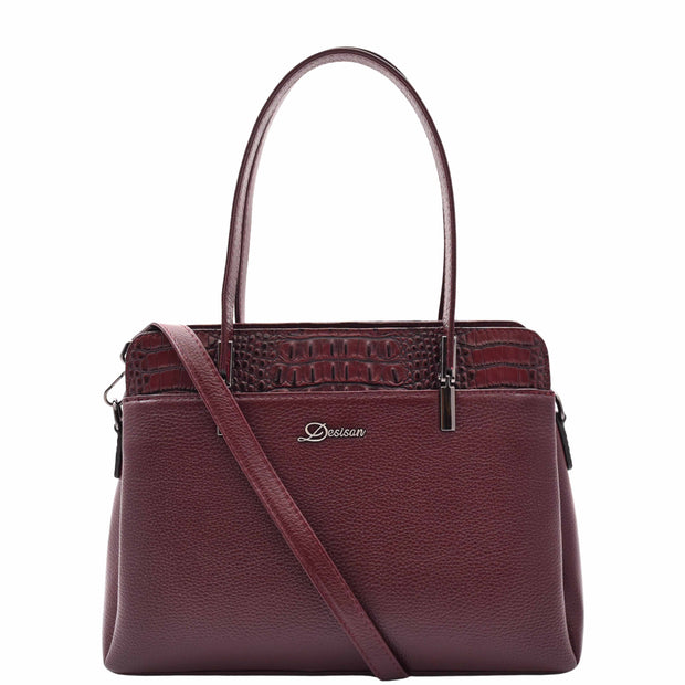 Genuine Leather Shoulder Bag Womens Multi Pockets Croc Trim Fashion Handbag A597 Bordo