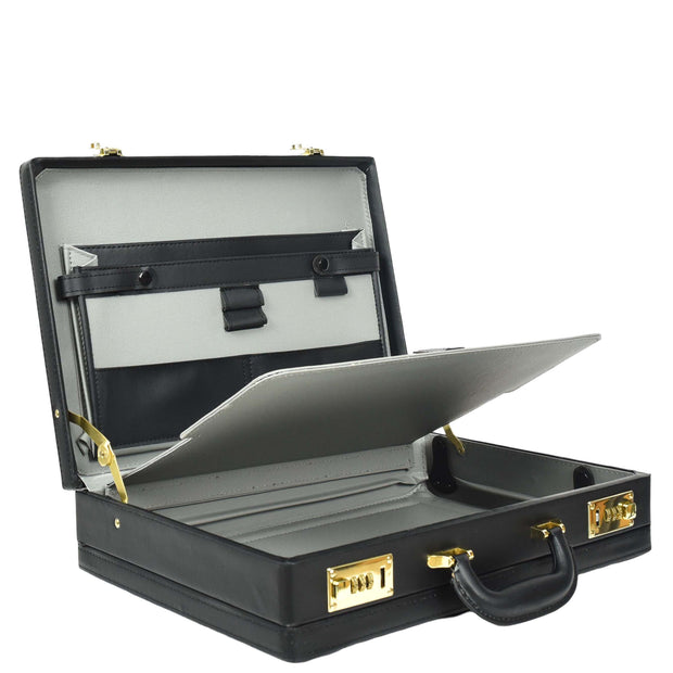 Classic Attache Case Faux Leather Dual Lock Briefcase Business Bag Diplomat Black