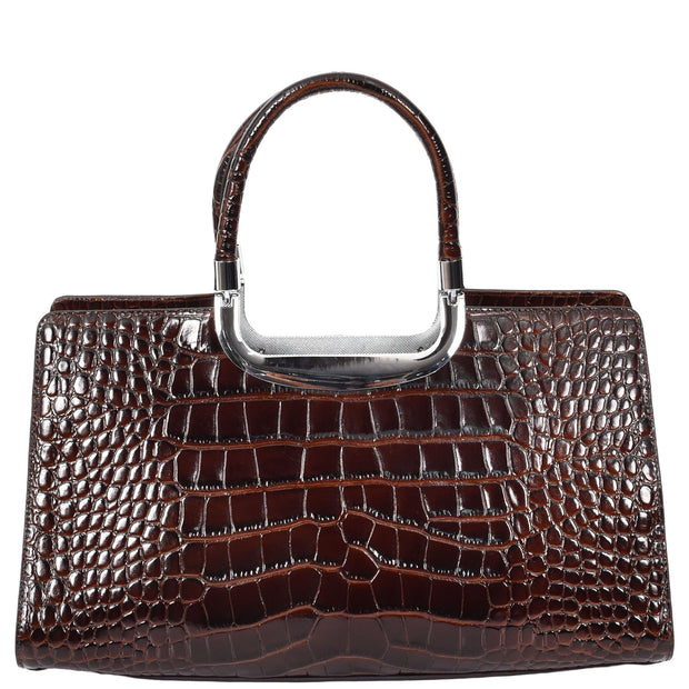 Womens Leather Handbag Croc-Print Casual Fashion Top Handle Tote Bag A880 Brown-4