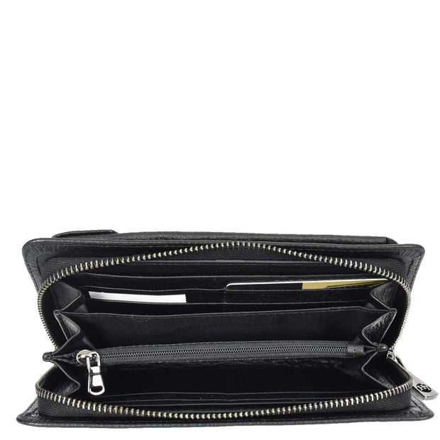 Real Leather Large Capacity Clutch Purse Zip Around Mobile Cards Glasses Organiser Travel Wallet A196 Black