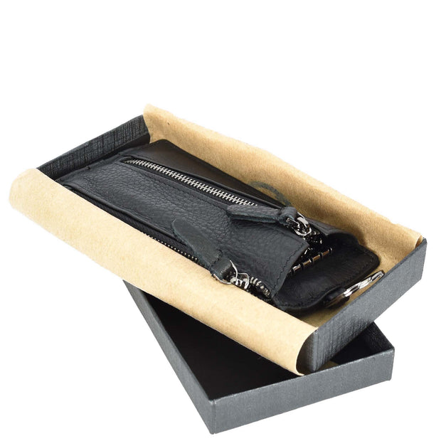 Genuine Leather Large Lightweight Key Case Wallet Car Key Holder Zipper Pouch A633 Black