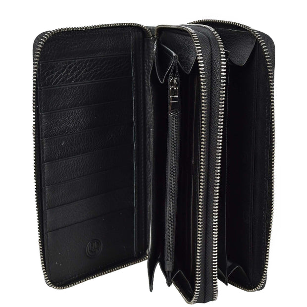 Real Leather Clutch Dual Zipper Large Size Lockable Purse Organiser Travel Wallet A213 Black