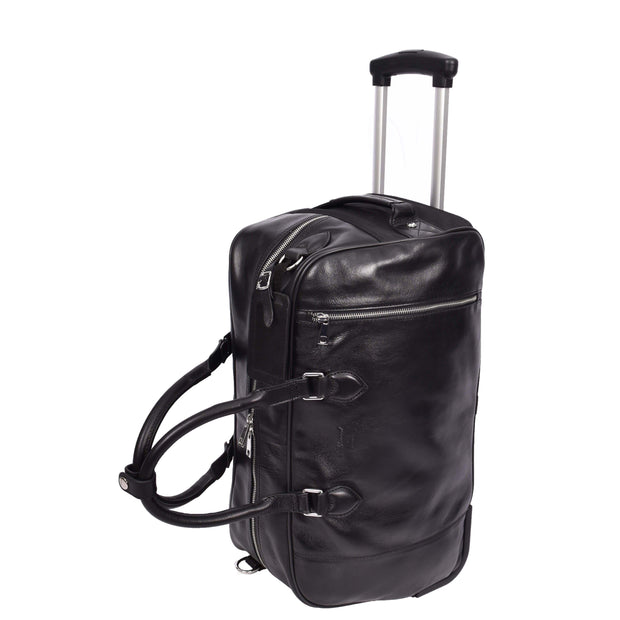 Premium Leather Wheeled Holdall Cabin Size Weekend Travel Duffle Bag AL50 Black