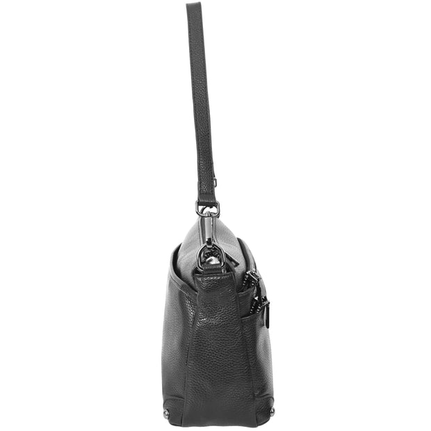 Womens Leather Shoulder Bag Classic Multiple Zip Pockets Handbag A188 Black-4