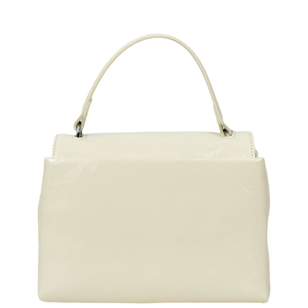 Womens Genuine Leather Small Handbag Glossy Casual Top Handle Crossbody Bag with Turn Lock Oisin White