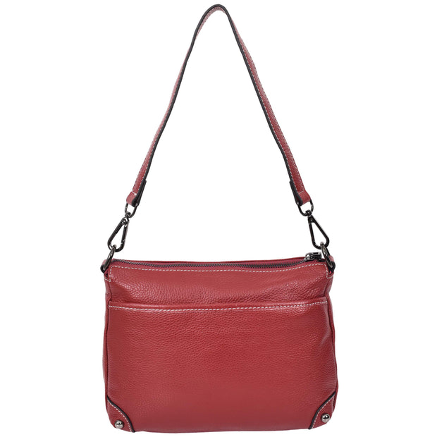 Womens Leather Shoulder Bag Classic Multiple Zip Pockets Handbag A188 Red-2