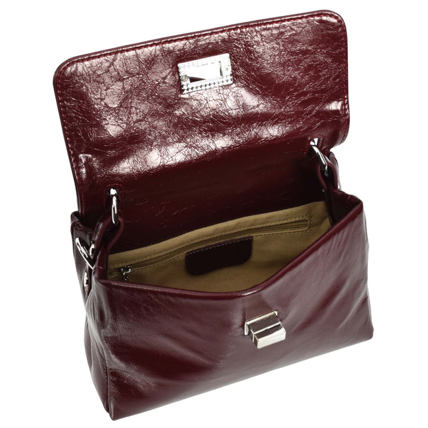 Womens Genuine Leather Small Handbag Glossy Casual Top Handle Crossbody Bag with Turn Lock Oisin Burgundy