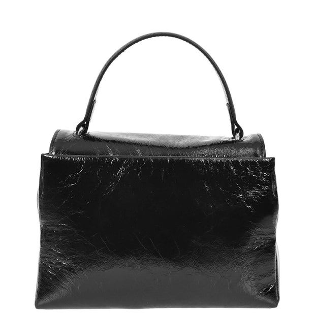 Womens Genuine Leather Small Handbag Glossy Casual Top Handle Crossbody Bag with Turn Lock Oisin Black