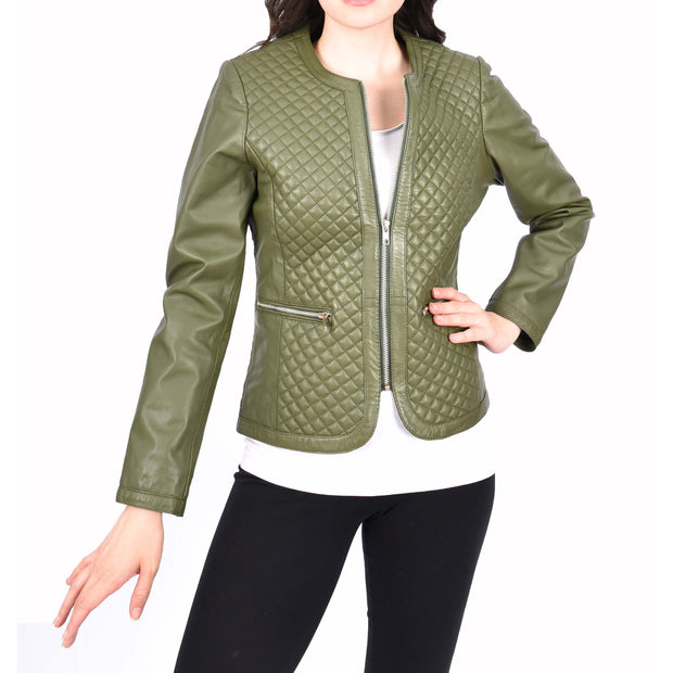 Womens Collarless Olive Green Leather Jacket Fitted Quilted Zip Up - Remi