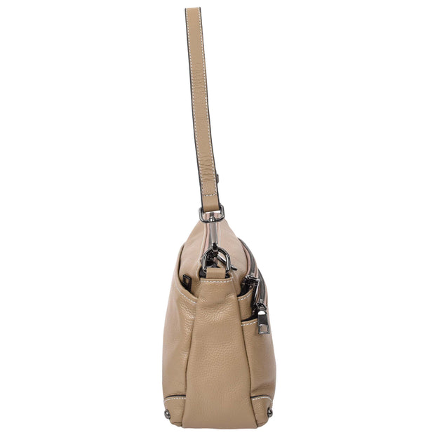 Womens Leather Shoulder Bag Classic Multiple Zip Pockets Handbag A188 Beige-3