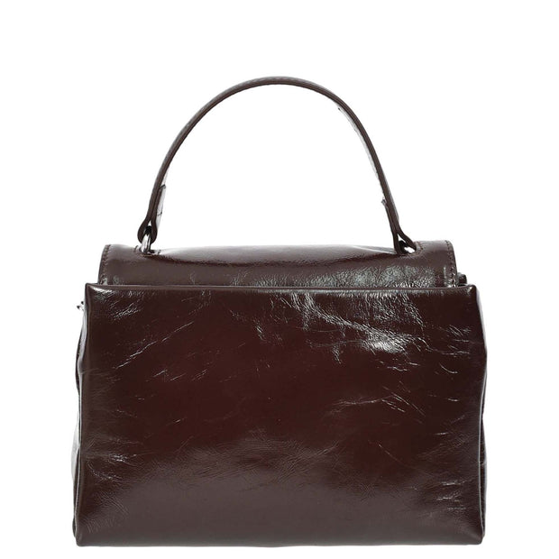 Womens Genuine Leather Small Handbag Glossy Casual Top Handle Crossbody Bag with Turn Lock Oisin Brown