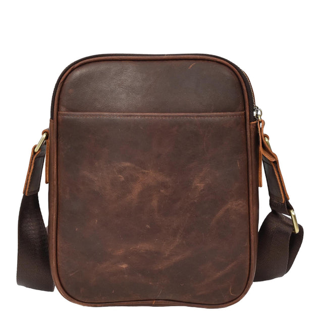 Mens Real Leather Messenger Bag Medium Size Travel Crossbody Multiple Zip Pockets Organiser A1371 Rust Brown