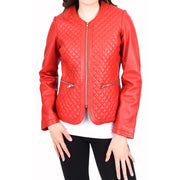 Womens Collarless Red Leather Jacket Fitted Quilted Zip Up - Remi