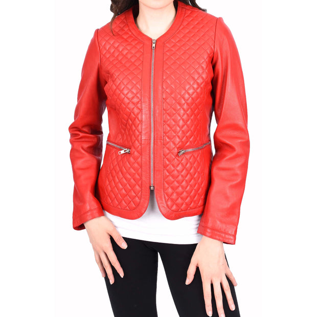 Womens Collarless Red Leather Jacket Fitted Quilted Zip Up - Remi