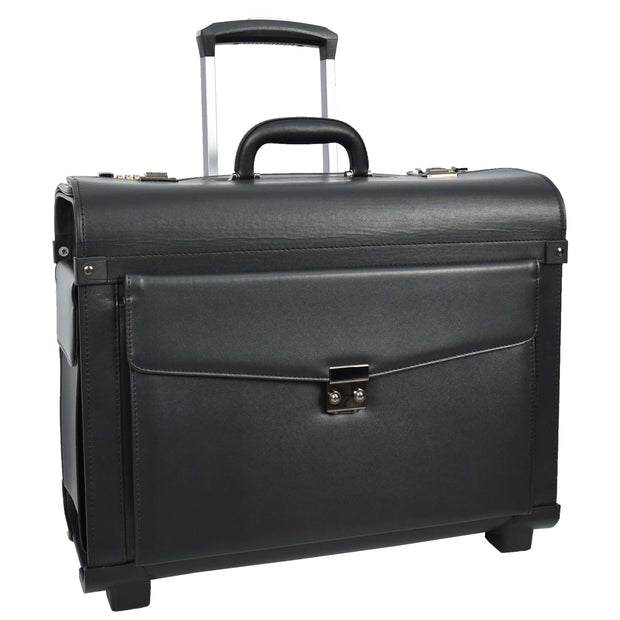 2 Wheeled Pilot Case Faux Leather Business Flight Travel Briefcase Cabin Bag Vega Black
