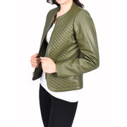 Womens Collarless Olive Green Leather Jacket Fitted Quilted Zip Up - Remi