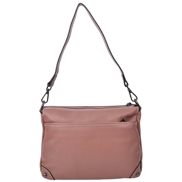 Womens Leather Shoulder Bag Classic Multiple Zip Pockets Handbag A188 Rose-2