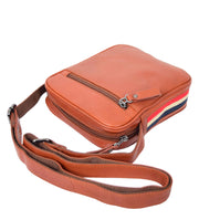 Mens Leather Messenger Bag Cognac Small Flight Bag Multi Zip Pockets Pouch Fred