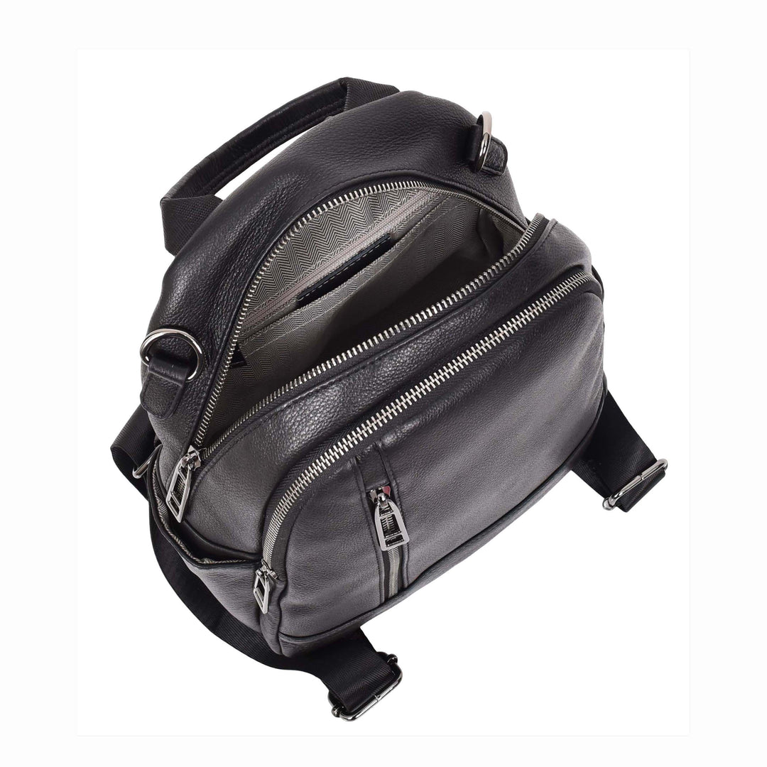 black large double zip leather backpack Womens Leather Backpack Multi-Zip Pockets Shoulder Bag