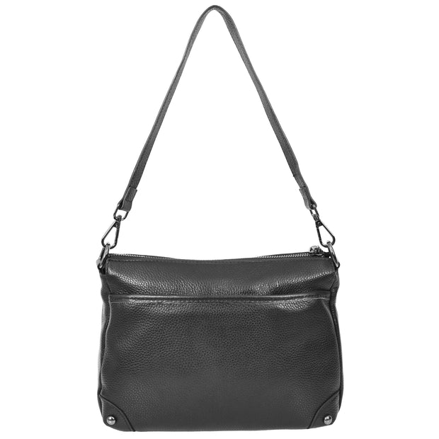Womens Leather Shoulder Bag Classic Multiple Zip Pockets Handbag A188 Black-2
