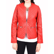 Womens Collarless Red Leather Jacket Fitted Quilted Zip Up - Remi