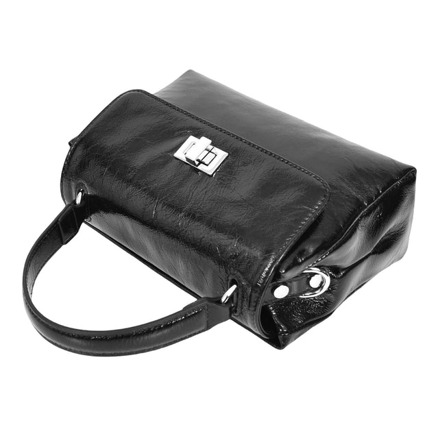 Womens Genuine Leather Small Handbag Glossy Casual Top Handle Crossbody Bag with Turn Lock Oisin Black