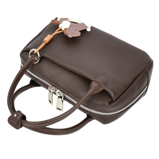 Womens Leather Mini Handbag with Rocking Horse Charm Girls Casual Fashion Tote Lori Brown