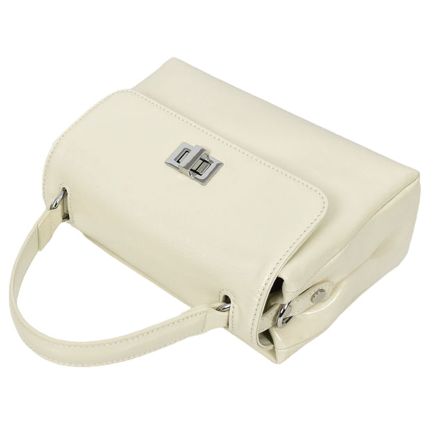 Womens Genuine Leather Small Handbag Glossy Casual Top Handle Crossbody Bag with Turn Lock Oisin White