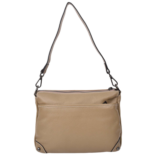 Womens Leather Shoulder Bag Classic Multiple Zip Pockets Handbag A188 Beige-2
