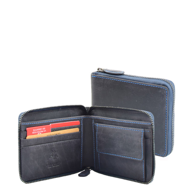 Mens Wallet Genuine Hunter Leather Zip Around Gift Boxed RFID Safe Aramac Blue