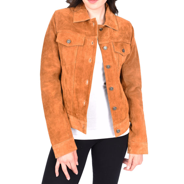 Womens Tan Suede Trucker Jacket American Western Style Marisa
