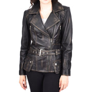 Womens Rub 0ff Leather Belted Jacket Hip Length With Zip Details Sandra