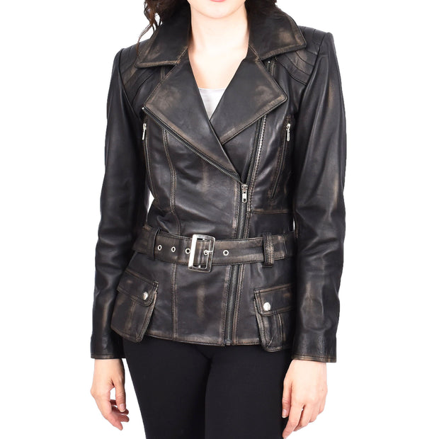Womens Rub 0ff Leather Belted Jacket Hip Length With Zip Details Sandra
