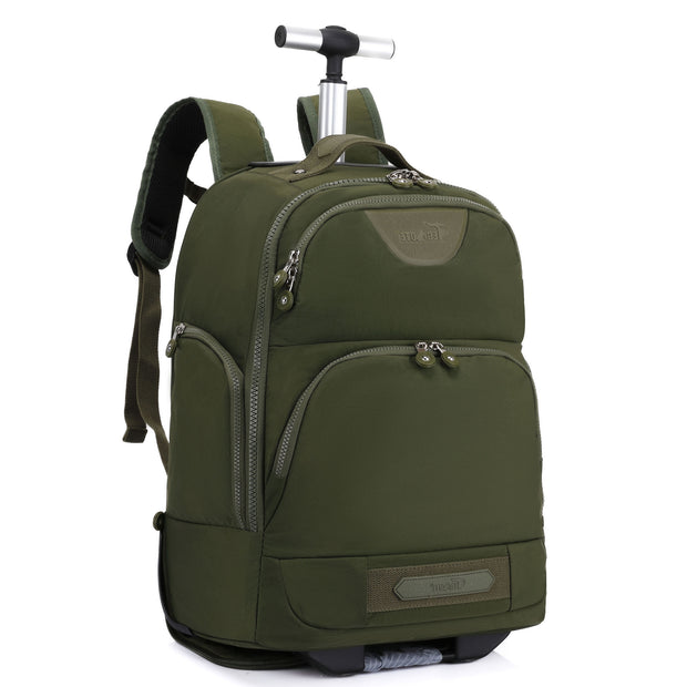 Rolling Backpack with Wheels, Laptop Travel Rucksack Multiple Compartments for Hiking, Camping, Business Casual Travel Cabin Size Bag Flack Green