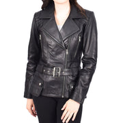 Womens Black Leather Belted Jacket Hip Length With Zip Details Sandra-1