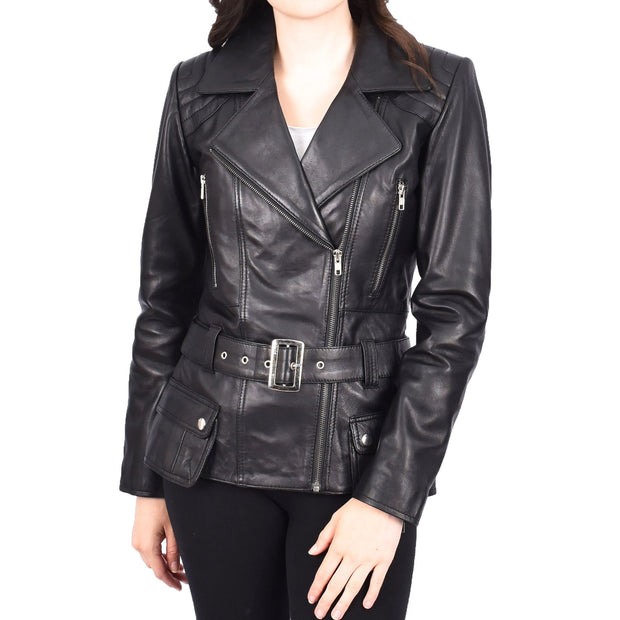 Womens Black Leather Belted Jacket Hip Length With Zip Details Sandra-1