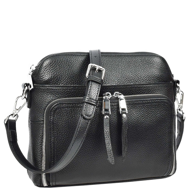 Womens Leather Crossbody Bag Multi-Pocket Shoulder Handbag Slim Sling Messenger June Black