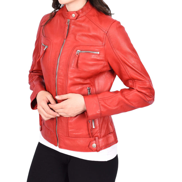 Womens Soft Leather Biker Jacket Red Casual Fitted Trendy Stylish Zoe