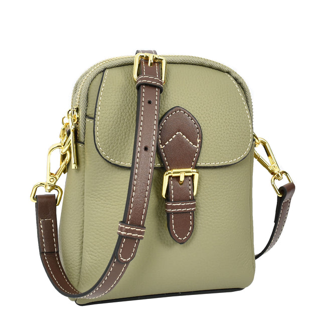 Leather Crossbody Bag, Women's Small Organiser Pouch, Multiple Pockets, Adjustable Shoulder Strap Miley Mint Green