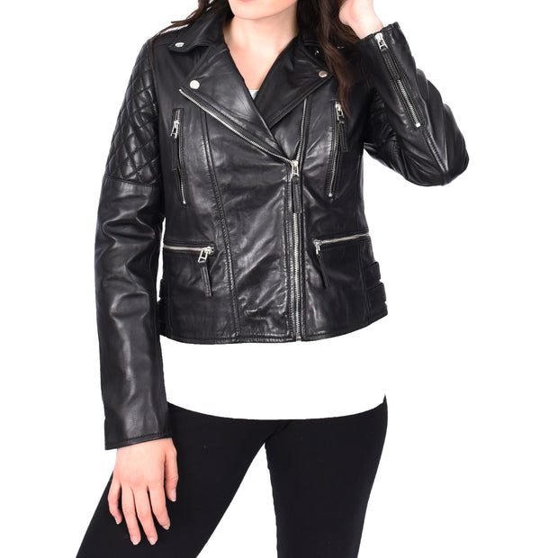 Womens Real Leather Jacket X-Zip Biker Style Fitted Quilted Liz Black