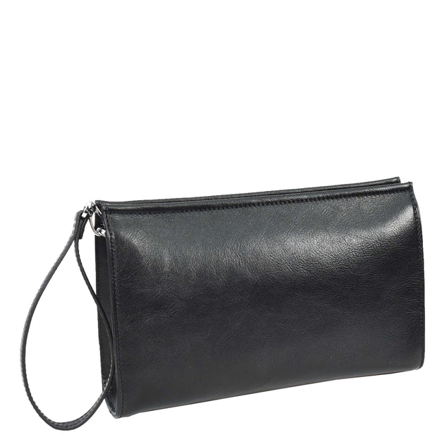 Mens Leather Wrist Clutch Bag Travel Organiser with Detachable Long Strap Murse Black
