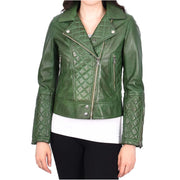 Womens Real Leather Jacket Green Fitted Quilted Trendy Biker Style Bonnie-1