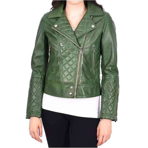 Womens Real Leather Jacket Green Fitted Quilted Trendy Biker Style Bonnie-1