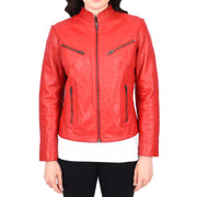 Womens Fitted Leather Biker Jacket Casual Zip Up Coat Jenny Red