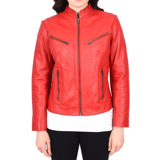 Womens Fitted Leather Biker Jacket Casual Zip Up Coat Jenny Red