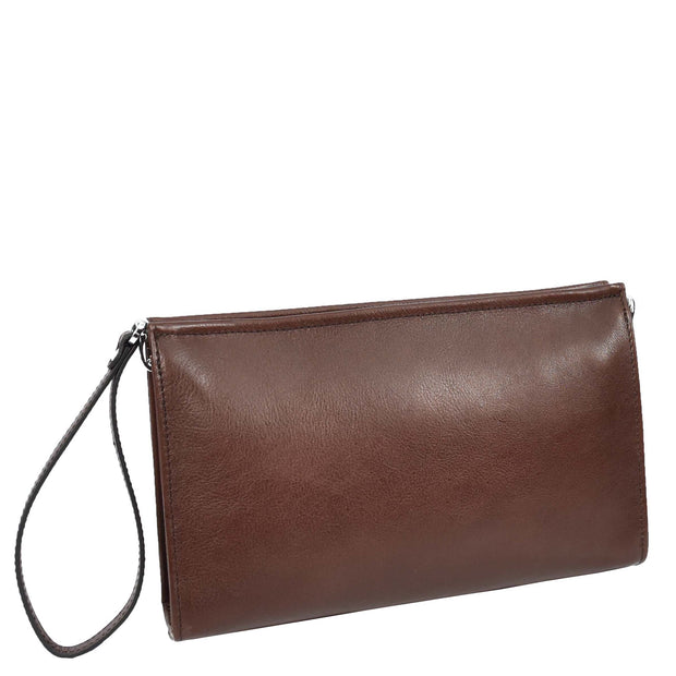 Mens Leather Wrist Clutch Bag Travel Organiser with Detachable Long Strap Murse Brown