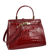 Womens Real Leather Handbag Glossy Embossed Pattern Zip Top Twin Handle Style Ophelia Burgundy